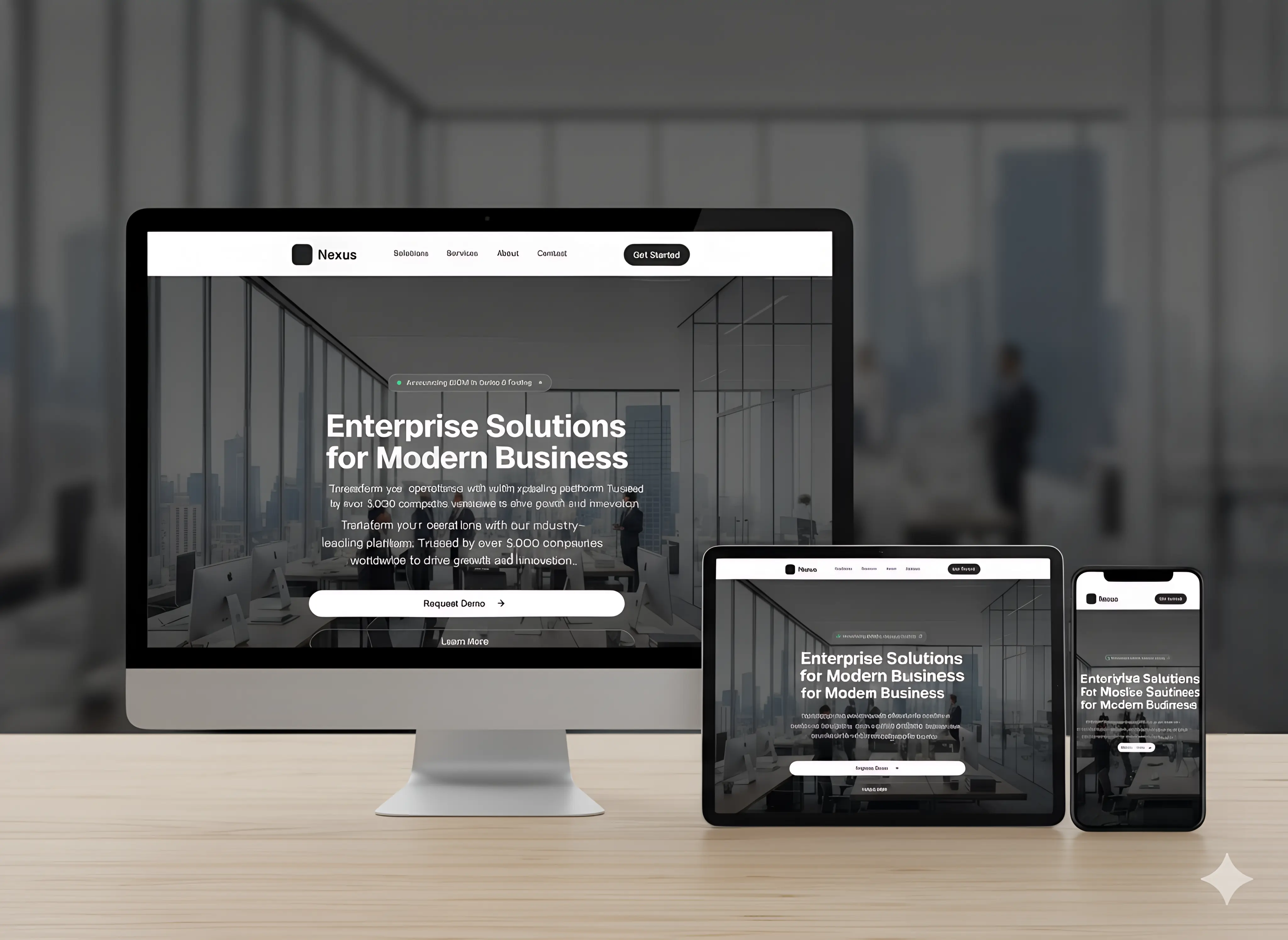 Responsive design mockup showing desktop, tablet and mobile views
